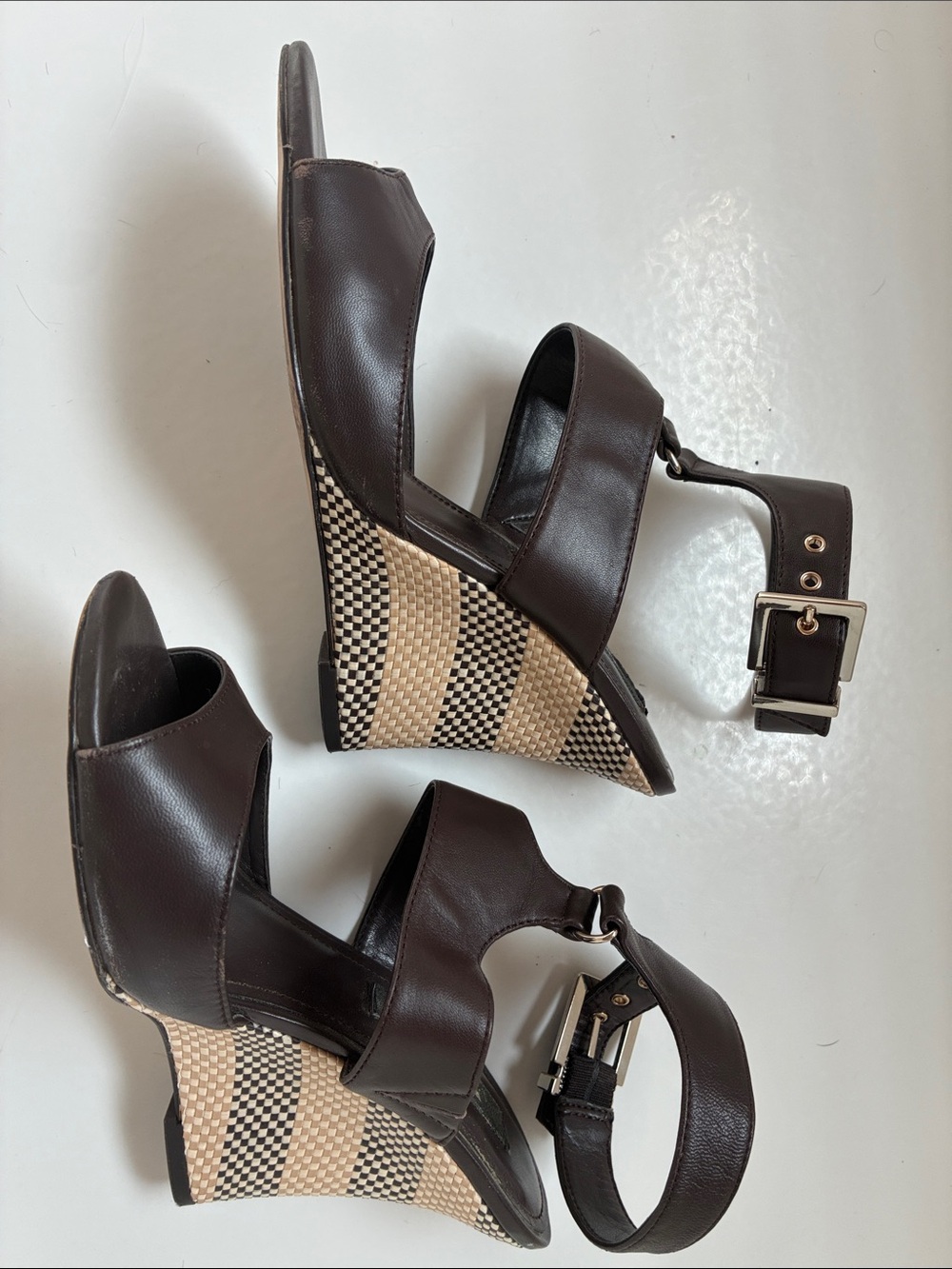 White House Black Market Dark Brown Wedge Sandals with Woven Platform